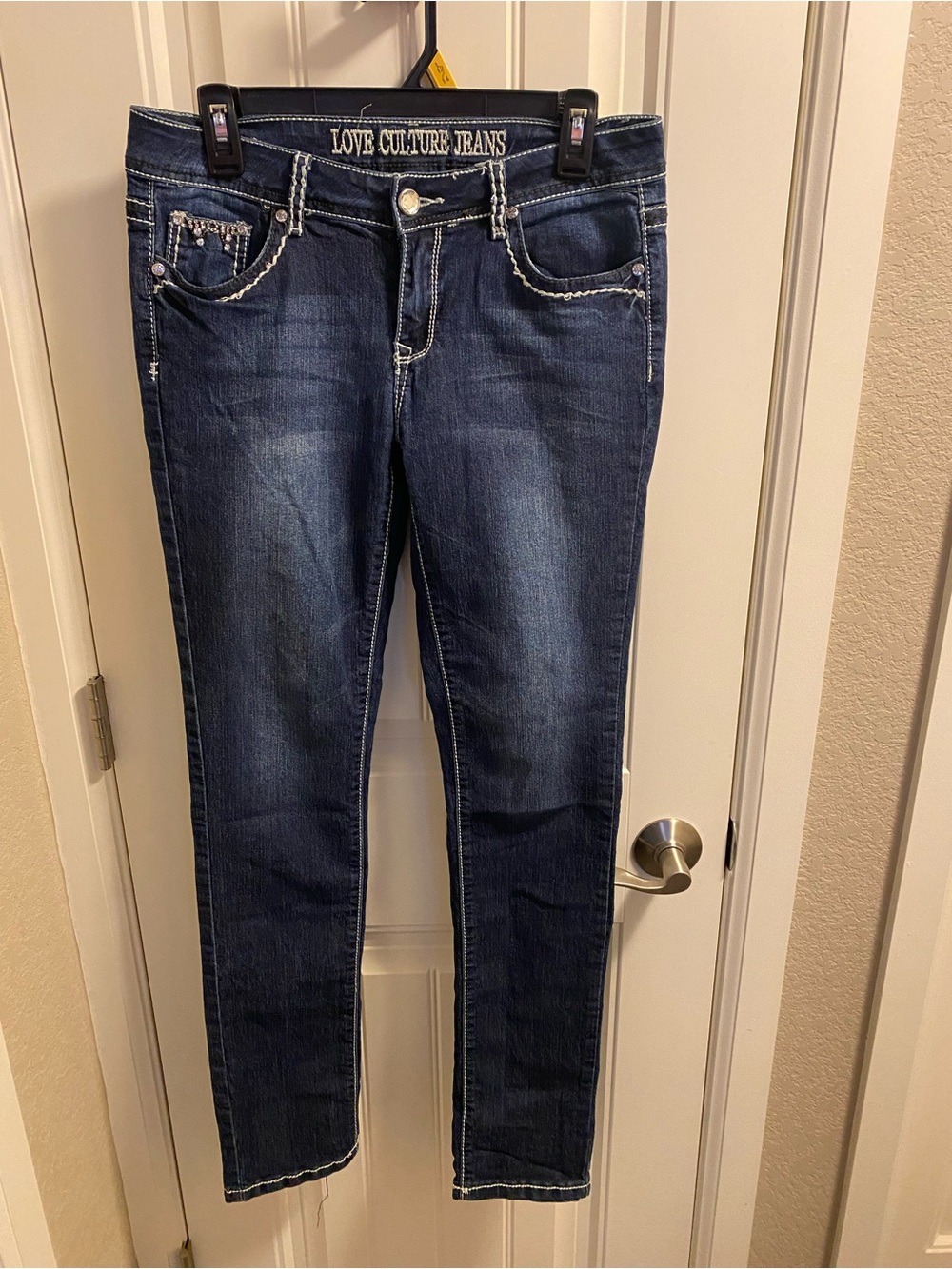 Love Culture Jeans 9 Juniors Skinny Leg Bling Pocket Stretch Dark Blue Denim